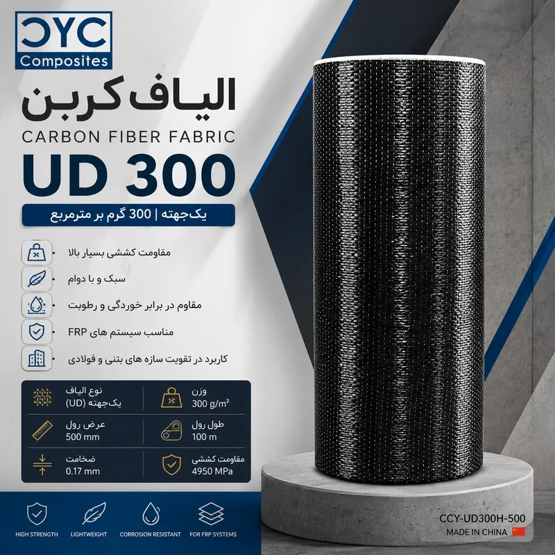 الیاف کربن UD 300 گرم | پارچه کربن یک‌جهته برای مقاوم‌سازی FRP