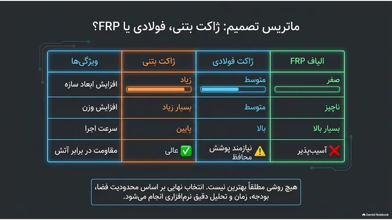 ماتریس مقایسه ژاکت بتنی، ژاکت فولادی و الیاف FRP از نظر افزایش ابعاد، وزن، سرعت اجرا و مقاومت در برابر آتش