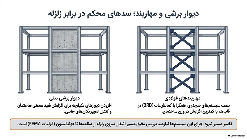 مقاوم‌سازی با اضافه کردن دیوار برشی و مهاربند فولادی