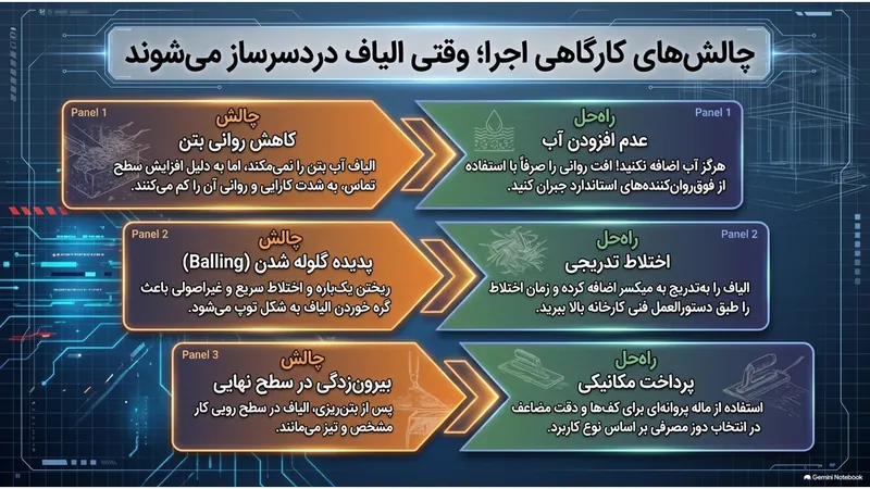 چالش‌های کارگاهی بتن الیافی و راه‌حل‌ها: کاهش روانی، گلوله شدن الیاف و بیرون‌زدگی در سطح