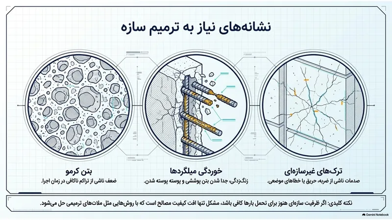 نشانه‌های نیاز به ترمیم سازه: بتن کرمو، خوردگی میلگرد و ترک‌های غیرسازه‌ای