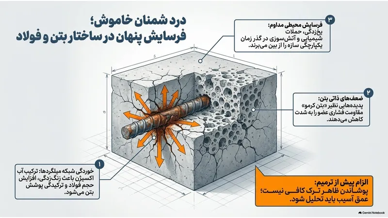 فرسایش پنهان بتن و فولاد: خوردگی میلگرد، حمله شیمیایی و ترک‌های ناشی از آن
