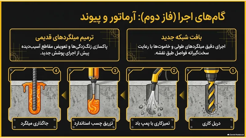 فاز دوم اجرای ژاکت بتنی: دریل‌کاری، تمیزکاری سوراخ، تزریق چسب، کاشت میلگرد و بافت شبکه آرماتور