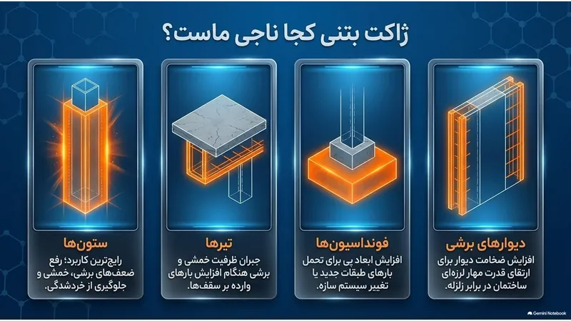 اینفوگرافیک کاربردهای ژاکت بتنی در ستون‌ها، تیرها، فونداسیون‌ها و دیوارهای برشی