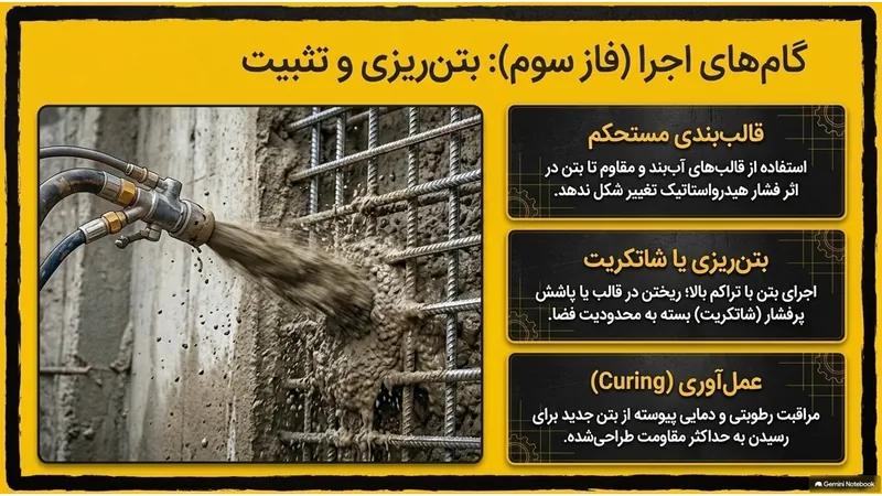 فاز سوم اجرای ژاکت بتنی: قالب‌بندی، بتن‌ریزی یا شاتکریت و عمل‌آوری بتن