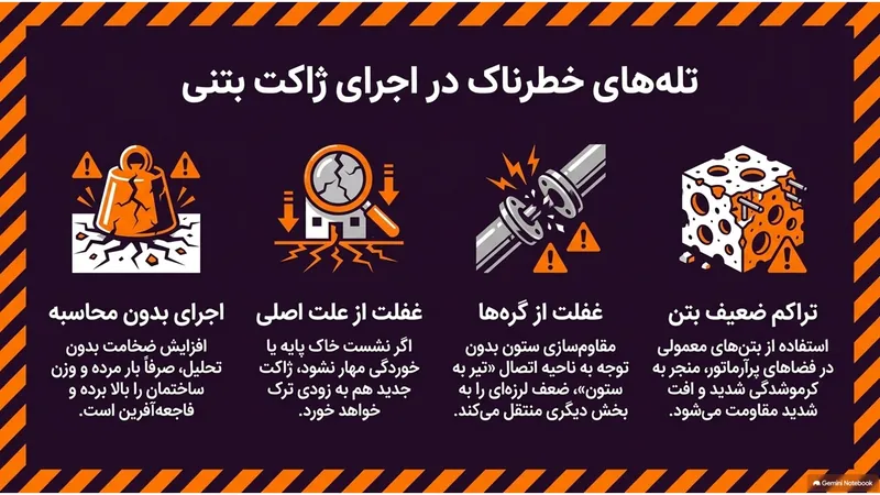 اشتباهات رایج در اجرای ژاکت بتنی: اجرای بدون محاسبه، غفلت از علت اصلی، غفلت از گره‌ها و تراکم ضعیف بتن