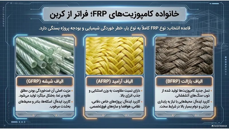 خانواده کامپوزیت‌های FRP: الیاف شیشه GFRP، آرامید AFRP و بازالت BFRP
