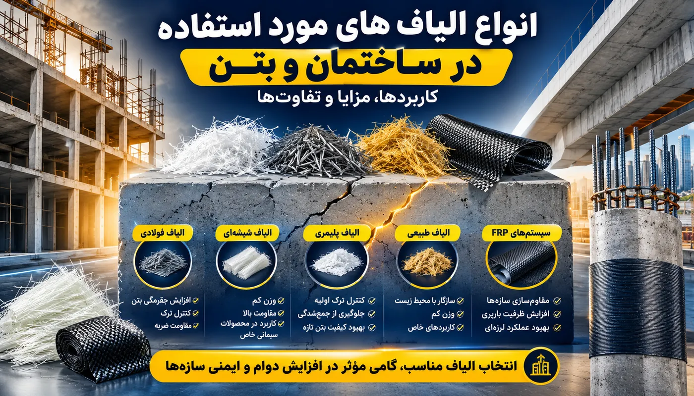 انواع الیاف مورد استفاده در ساختمان و بتن؛ بررسی کاربرد، مزایا و تفاوت الیاف فولادی، پلیمری، شیشه‌ای و FRP