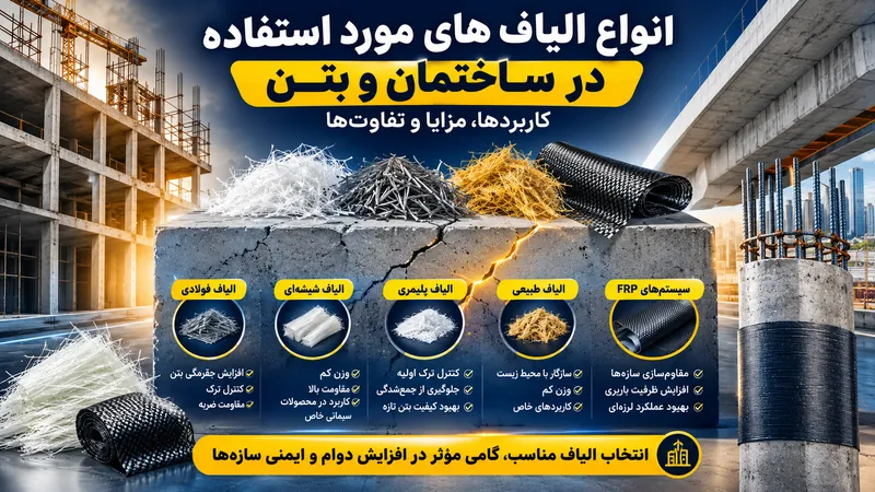 انواع الیاف مورد استفاده در ساختمان و بتن؛ بررسی کاربرد، مزایا و تفاوت الیاف فولادی، پلیمری، شیشه‌ای و FRP